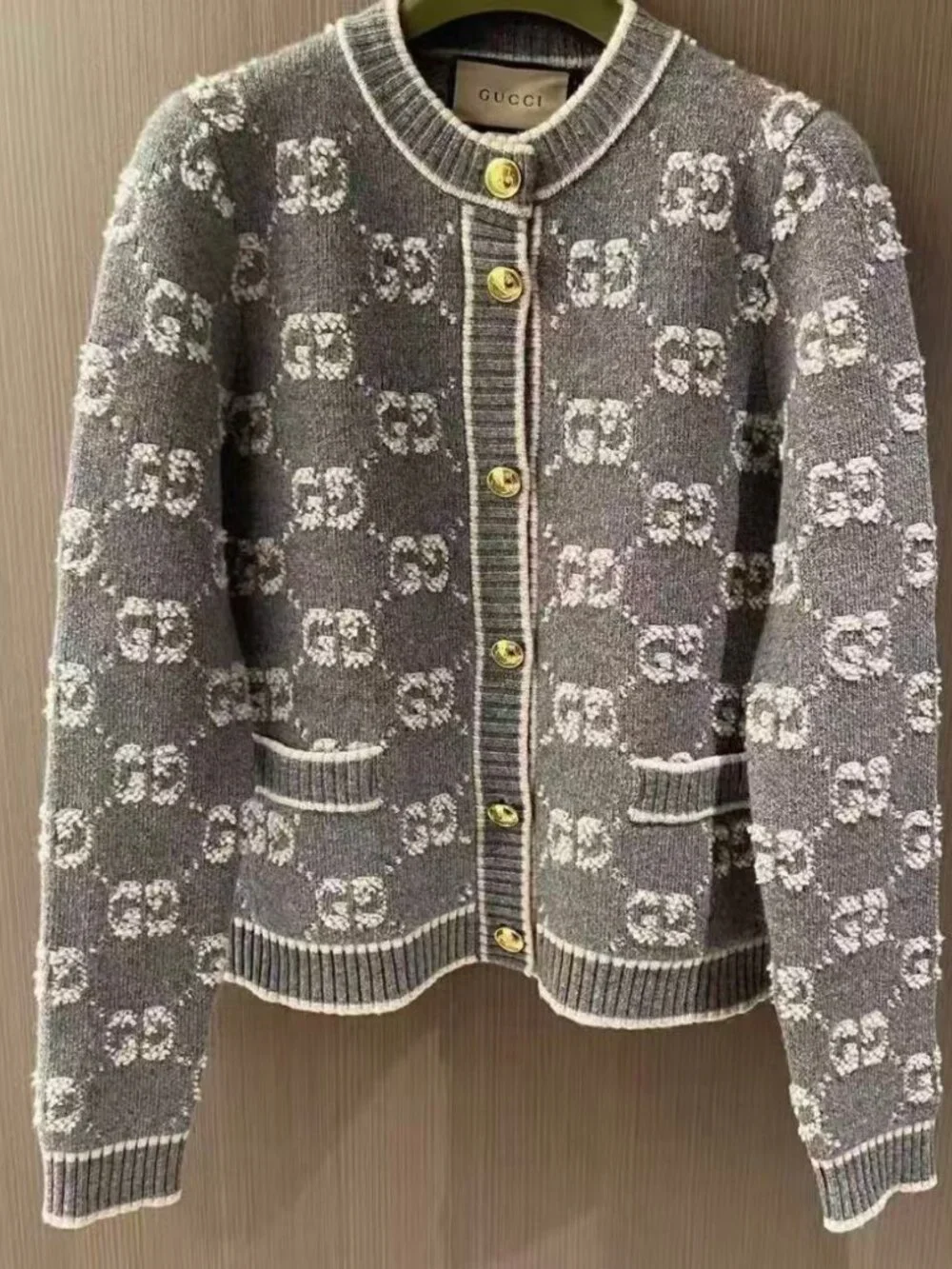 Gucci Grey GG Logo Knit Cardigan Gold Buttons Sweater